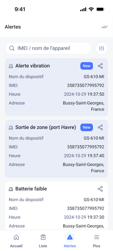 Historique alertes un vehicule