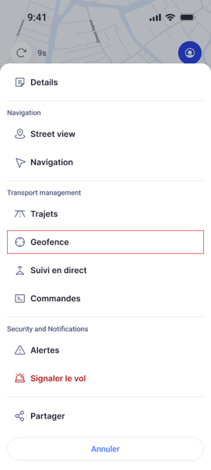 Home page - Menu 3 dots geofence focused