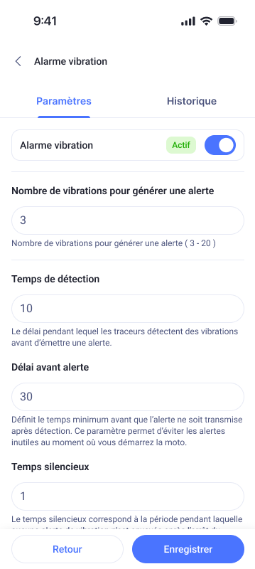 Command - Alertes de vibrations full parametres